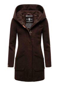 Cappotto di lana marrone con un ampio cappuccio, chiusura con zip sul davanti e due tasche anteriori. Etichetta interna con marchio visibile e testo a contrasto.