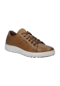 Brown leather sneaker with a smooth finish, rounded toe, white rubber sole, and lace-up closure featuring brown laces and gold eyelets.