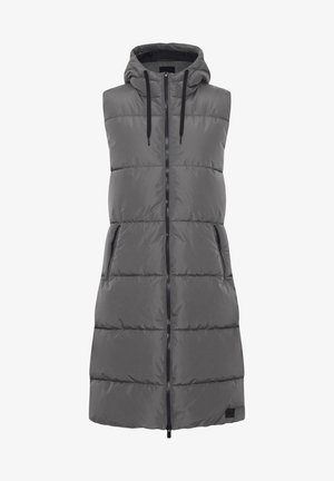 Podložena siva jakna z zadrgo spredaj, kapuco in dvema stranskima žepoma. Ima prešito zasnovo in črne vrvice.