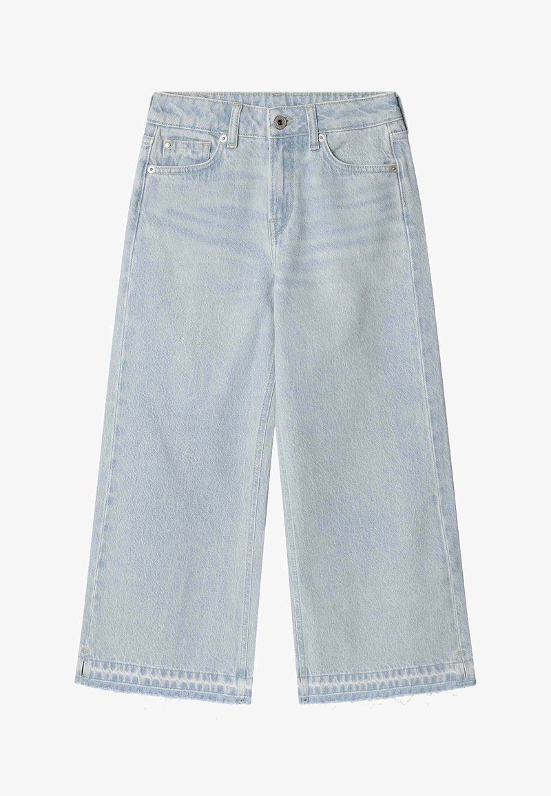 Vaaleansiniset leveät farkut, jotka on valmistettu denimestä. Niissä on repaleinen helma, viisi taskua sekä nappi- ja vetoketjukiinnitys vyötäröllä.