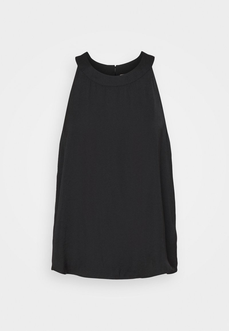 Svart ärmlös topp med hög halsringning, lös passform och mjuk textur. Har en subtil glans och en bakåtslutning.