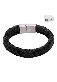 Bracciale in pelle intrecciata nera con chiusura magnetica in acciaio inossidabile, che presenta una superficie liscia e una forma circolare.