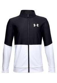 Chaqueta deportiva en blanco y negro con cuello alto, cremallera completa, fabricada en un material suave y elástico; cuenta con el logo en la parte superior izquierda.