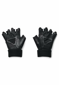 Black leather fingerless gloves feature a textured finish, elastic wrist cuffs, and contrasting black mesh accents for enhanced grip.
