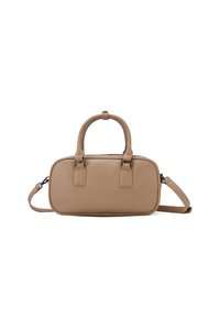 Borsa in pelle marrone chiaro con due manici superiori arrotondati, tracolla regolabile, forma rettangolare e dettagli di cucitura sottili.