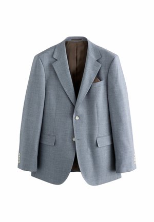Light gray blazer made of textured fabric. Features notched lapels, two front pockets, and a brown lining. Includes a pocket square.