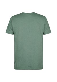 T-shirt vert à manches courtes en coton doux. Présente un col rond et un design uni avec une étiquette sur le côté inférieur.
