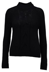 Schwarzer, gestrickter Pullover mit hohem Kragen, der ein zentrales Zopfmuster und gerippte Bündchen sowie einen Saum aufweist. Lange Ärmel und leichte Textur.