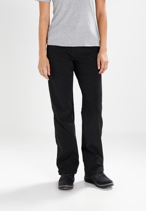 Mustat, kevyet, suoralahkeiset housut, joissa on sileä pinta, istuva leikkaus ja turvallinen vyötärönauha. Yhdistetty harmaan lyhythihaisen paidan ja tummien kenkien kanssa.