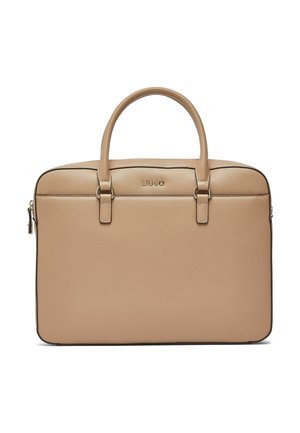 Beżowa skórzana aktówka z podwójnymi uchwytami, złotym zamkiem błyskawicznym oraz małym logo LIU·JO umieszczonym nad przednią kieszenią.