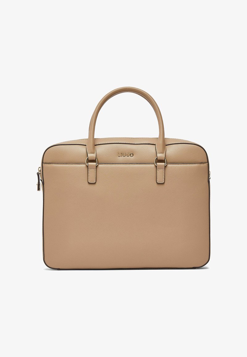 Beżowa skórzana aktówka z podwójnymi uchwytami, złotym zamkiem błyskawicznym oraz małym logo LIU·JO umieszczonym nad przednią kieszenią.