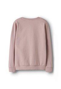 Sudadera de color rosa claro con mangas largas, cuello y puños acanalados, y una textura suave y lisa; parte trasera lisa sin patrones ni acentos.