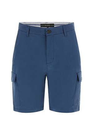 Pantalones cortos cargo azules hechos de una tela ligera. Cuenta con dos bolsillos laterales y un cierre de botón. Diseño liso con un forro interior a rayas.