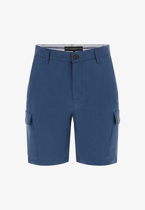 Niebieskie szorty cargo wykonane z lekkiego materiału. Posiadają dwie boczne kieszenie oraz zapięcie na guzik. Prosty design z paskowanym wewnętrznym wykończeniem.