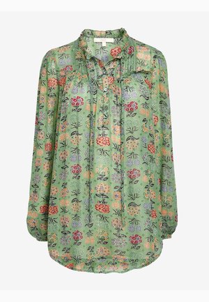 Green long-sleeve blouse with multicolored floral print, ruffled collar, button front, and loose fit.