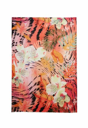Obdélníkový šátek s živým tropickým květinovým motivem v oranžových, růžových, zelených a černých odstínech, zdobený velkými bílými liliemi a palmovými listy.