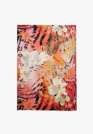 Ristkülikukujuline sall elava troopilise lillemustriga oranžides, roosades, rohelises ja mustades toonides, millel on suured valged liiliad ja palmi lehed.