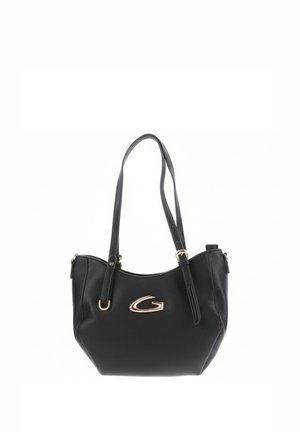 Borsa in pelle nera con due tracolle e un emblematico "G" minimalista in oro posizionato al centro davanti.