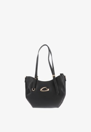 Borsa in pelle nera con due tracolle e un emblematico "G" minimalista in oro posizionato al centro davanti.