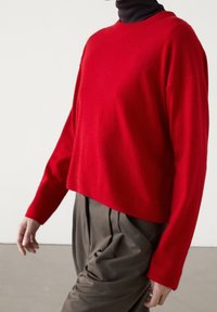 Punainen neulepaita, jossa on lyhyt malli, pyöreä kaula-aukko ja pitkät hihat. Päällä löysät ruskeat housut. Sujuva tekstuuri.