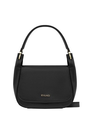 Black leather shoulder bag with a curved flap, gold brand logo, and gold-tone hardware on the handle attachments.