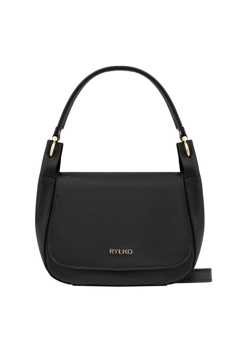 Black leather shoulder bag with a curved flap, gold brand logo, and gold-tone hardware on the handle attachments.