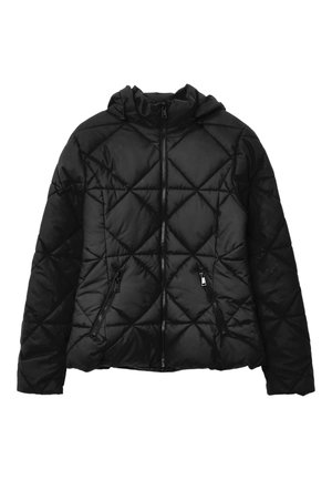 Schwarze gepolsterte Jacke mit einem gesteppten Rautenmuster, Kapuze, Frontreißverschluss und zwei Seitenfächern. Hergestellt aus einem glatten, reflektierenden Material.