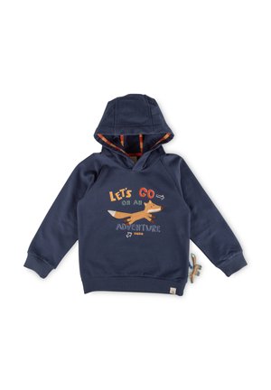 Dunkelblaues Hoodie mit gefüttert Kapuze, featuring ein orangefarbenen Fuchs-Grafik und dem Text "Lass uns ein Abenteuer erleben." Enthält ein kleines Stoffetikett.