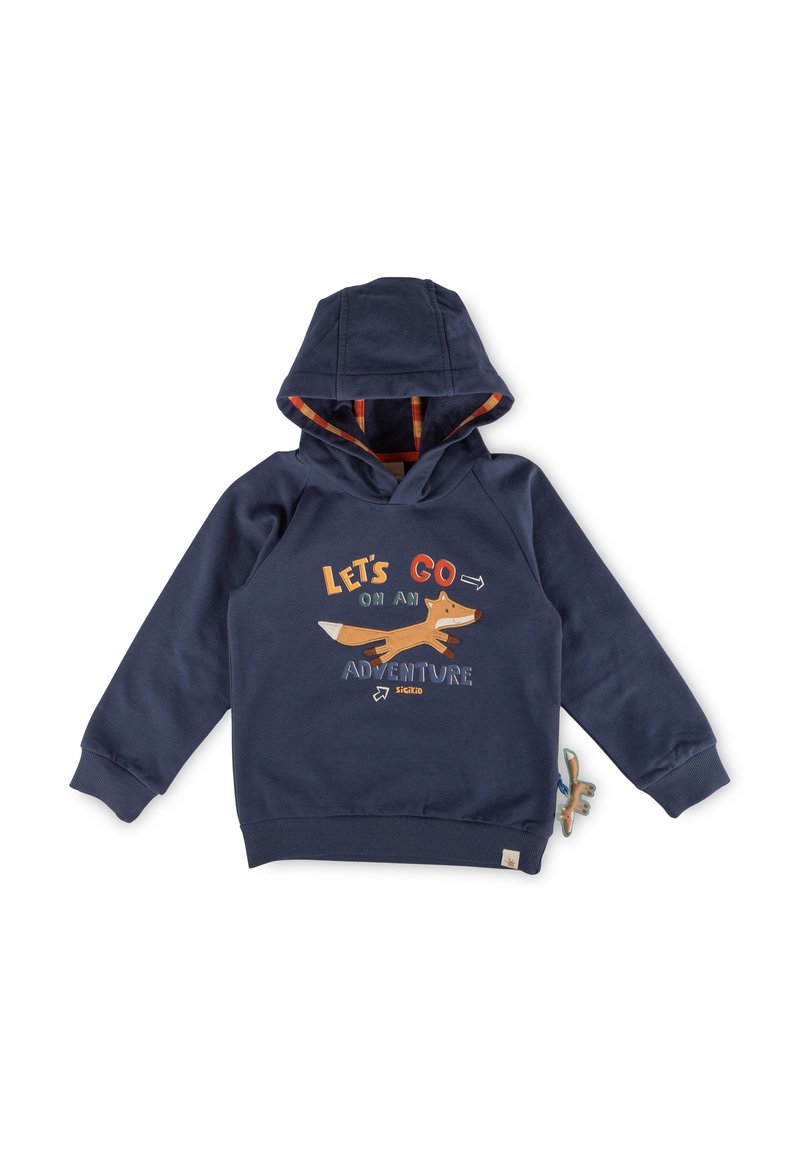 Dunkelblaues Hoodie mit gefüttert Kapuze, featuring ein orangefarbenen Fuchs-Grafik und dem Text "Lass uns ein Abenteuer erleben." Enthält ein kleines Stoffetikett.