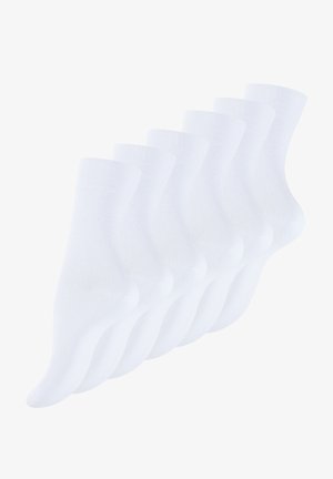 Six pairs of white cotton ankle socks feature a ribbed cuff and smooth texture, designed for comfort and breathability.