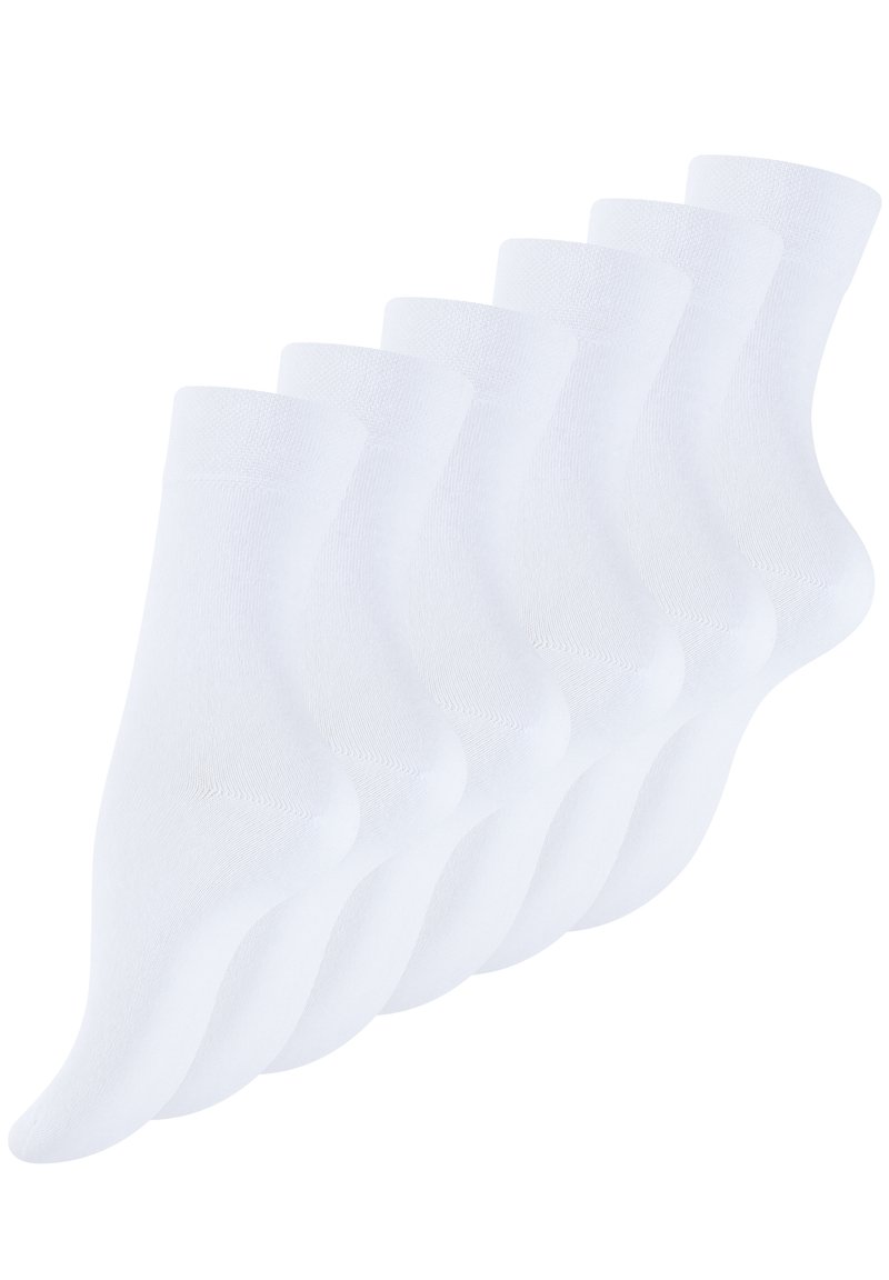 Six pairs of white cotton ankle socks feature a ribbed cuff and smooth texture, designed for comfort and breathability.
