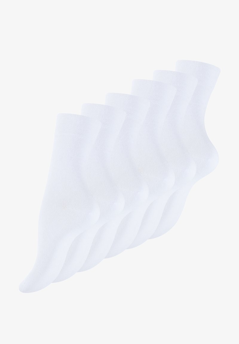 Six pairs of white cotton ankle socks feature a ribbed cuff and smooth texture, designed for comfort and breathability.