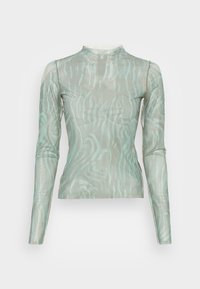 Top transparente de manga longa em verde menta claro com padrões ondulados abstratos. Apresenta um decote alto e um design justo.