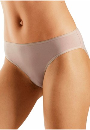 Beige damesondergoed met een gladde textuur, met een eenvoudig ontwerp en contrasterende afwerking. Lage taille en naadloze zijkanten.