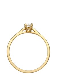 Auksinis žiedas su vienu apvaliu deimantu keturių šakelių nustatyme, su lygiu, poliruotu žiedu ir elegantišku, minimalistiniu dizainu.