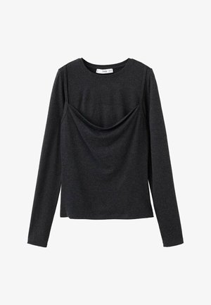 Donkergrijs top met lange mouwen van zachte stof, voorzien van een ronde hals en een geplooid detail aan de voorkant voor extra textuur.