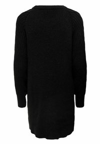 Černé pletené šaty se dlouhými rukávy, ribbed texturou a volným střihem. Zadní strana je hladká s kulatým lemem a bez viditelných zapínání.