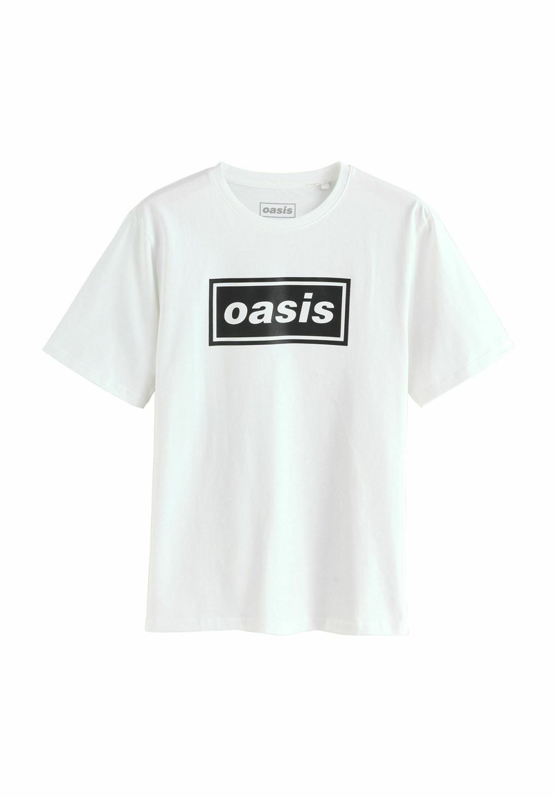 Witte katoenen T-shirt met korte mouwen en een ronde hals, met een zwart rechthoekig grafisch ontwerp met de tekst "oasis" in vetgedrukte witte letters.
