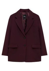 Vinröd kavaj med skräddarsydd design, enkel knappstängning, två framfickor och ett slätt satinfoder.