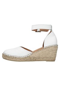 Witte leren espadrille-wedge met enkelbandje, jute-wrapped hak, afgeronde neus en gestikte details. Glad oppervlak en natuurlijke afwerking.