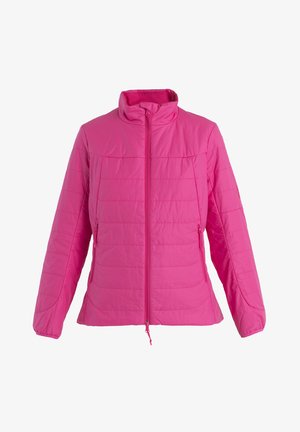 Růžová zateplená bunda s vysokým límcem, plným předním zipem a vertikálně prošívaným vzorem. Obsahuje boční kapsy a elastické manžety na rukávech.