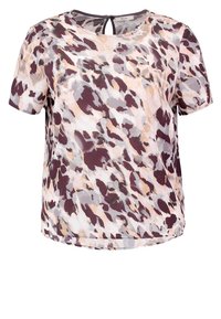 Blusa a maniche corte leggermente trasparente con un motivo astratto multicolore in bordeaux, grigio e crema, dotata di un'apertura a chiave sul retro.