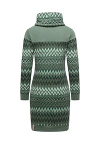Langärmliges Strickkleid in Grüntönen, mit weitem Ausschnitt und Zickzackmuster. Hergestellt aus weichem Material mit gerippten Bündchen und Saum.