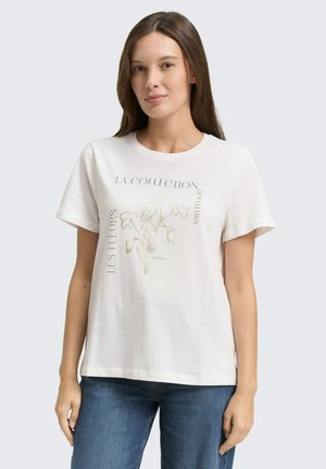 Wit katoenen T-shirt met korte mouwen, voorzien van een bloemenafbeelding en tekst in crèmekleur en grijs. Losse pasvorm, ronde halslijn en rechte zoom.