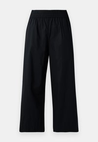 Pantaloni larghi neri con vita elastica, realizzati in tessuto morbido e leggero con una vestibilità comoda. Senza tasche o decorazioni visibili.