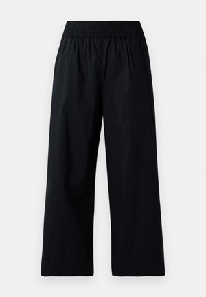 Black wide-leg trousers with an elastic waistband, featuring smooth, lightweight fabric and a relaxed fit. No pockets or visible embellishments.