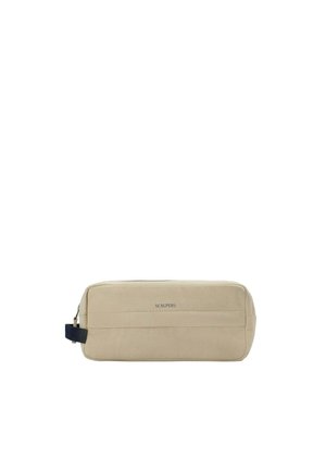 Bolsa de aseo rectangular beige con cierre de cremallera, asa lateral negra y "SCALPERS" impreso en el centro delantero.