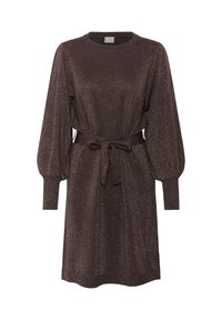 Robe longue à manches longues, en métal brun, avec un col rond et une ceinture à nouer à la taille ; présente des manches bouffantes froncées et une coupe décontractée.