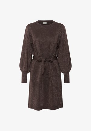 Braunes, metallisches Langarmkleid mit Rundhalsausschnitt und einem Bindegürtel in der Taille; es hat geraffte Puffärmel und eine lockere Passform.