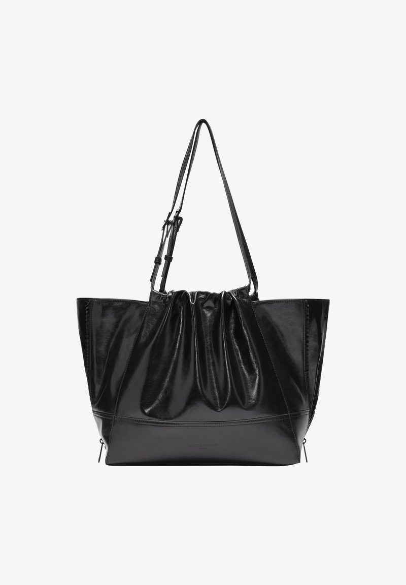 Sac fourre-tout en cuir noir avec une finition brillante, design de haut froncé, doubles sangles réglables et poches latérales zippées.